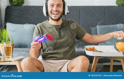 Happy Man Playing Online Video Games Young Gamer Having Fun On New