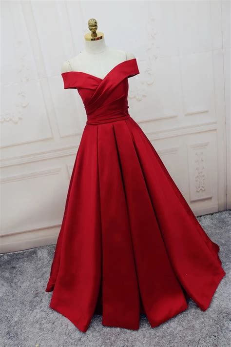 Red Satin Off The Shoulder Plunge V Floor Length Ball Gown Featuring Lace Up Back Prom Dress