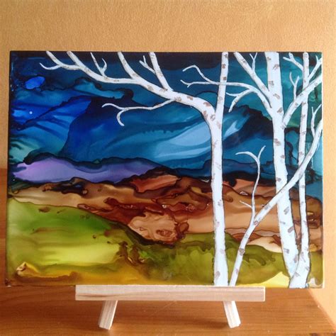Alcohol Ink Landscape On 12x6 Tile With Birch Trees By Nadine Kittle