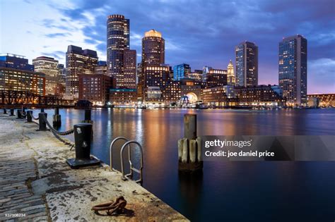 Blue Hour Skyline Boston Fan Pier Park Harborwalk Massachusetts America