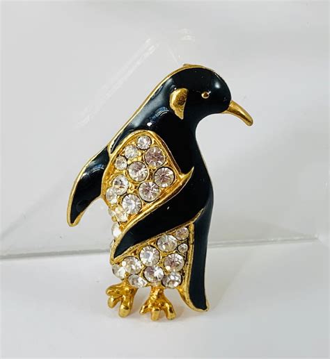 rhinestone penguin brooch pin shiny black enamel with etsy