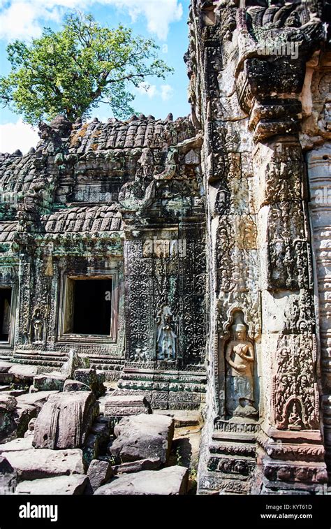 Historic Building In Angkor Wat Thom Cambodia With Devatas Carvings