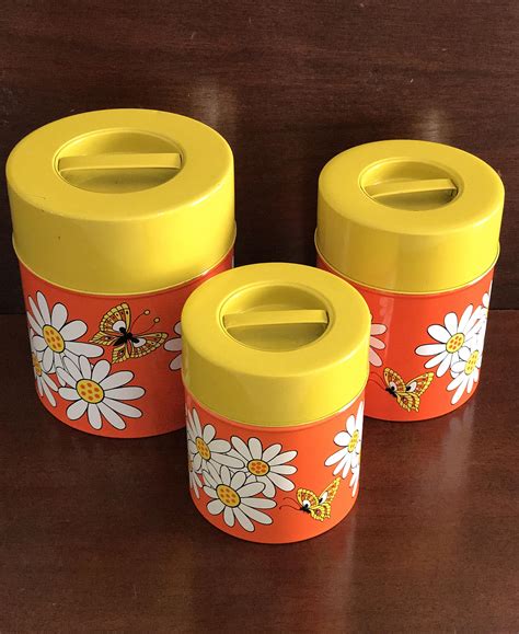 Retro Daisy Canisters Vintage Orange Canister Set Nesting Tin