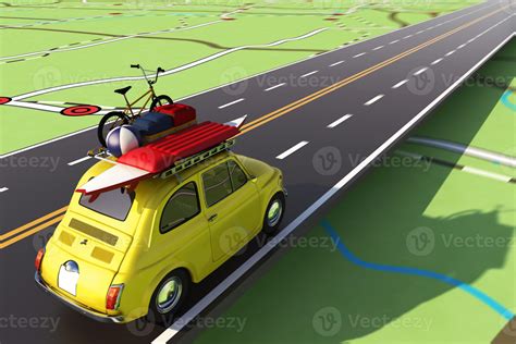 Car Loaded With Luggage On The Road To Summer Vacation 3d Rendering