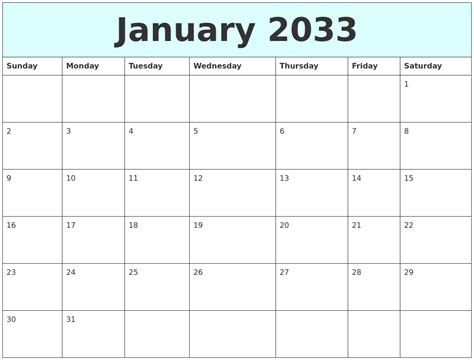 January 2033 Free Calendar