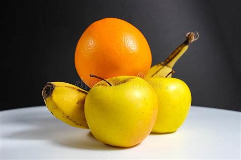 Set Of Different Fruits Orange Banana And Apples Close Up Stock Photo