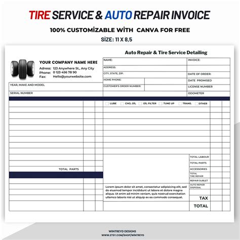 Tire Service And Auto Repair Invoice Automotive Service Invoice Template