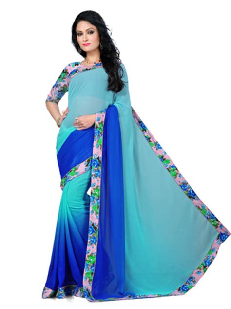 Buy Sky Blue Plain Georgette Saree With Blouse Online