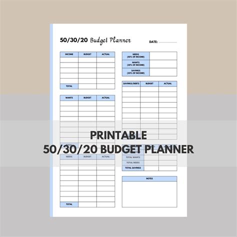 Printable 503020 Budget Planner Template Monthly Budget Etsy