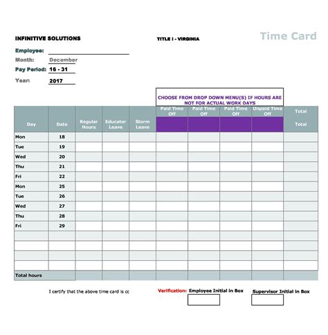 Time Card Template Free Printable