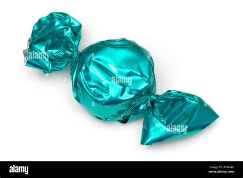 Cyan Blue Shiny Paper Wrapped Toffee Sweet On White Background Stock