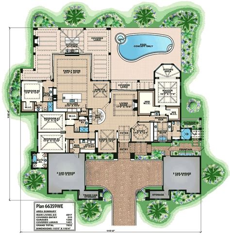 Single Story 4 Bedroom Luxurious Mediterranean Home Floor Plan