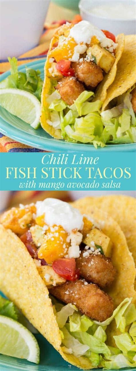 Place flaked fish in bottom of tacos and top with salsa, lettuce and tomato. Chili Lime Fish Stick Tacos with Mango Avocado Salsa - an ...