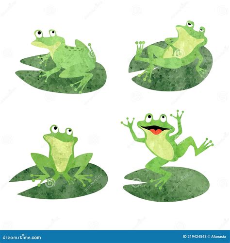 Cartoon Frogs Sitting On Lily Pads Vector Watercolor Illustration