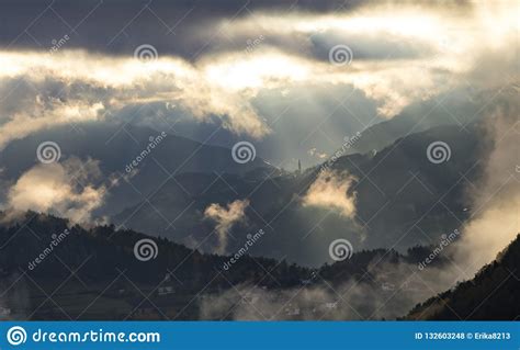 Misty Sunset In The Mountains Stock Photo Image Of Autumn Dolomite