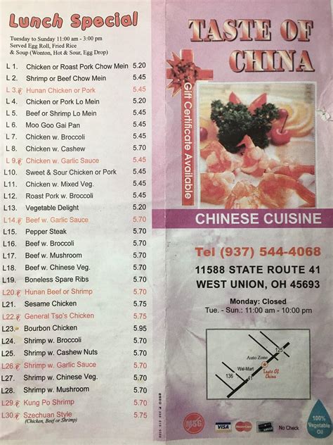Menu at Taste of China restaurant, West Union