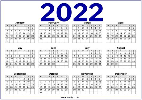 Uk 2022 Calendar Printable One Page