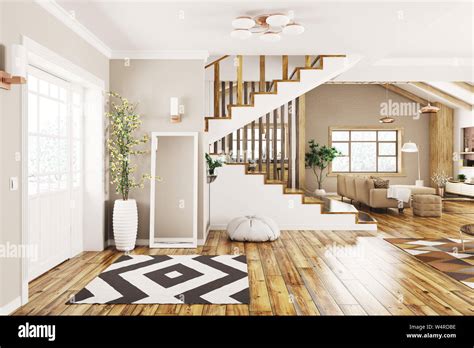 Modern Interior Design Of House Hall Living Room With Staircase 3d
