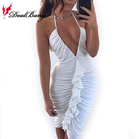 Dealbang Summer Sexy Deep V Neck Club Dress Halter Women Ruffle Bodycon Dresses Solid Ruched