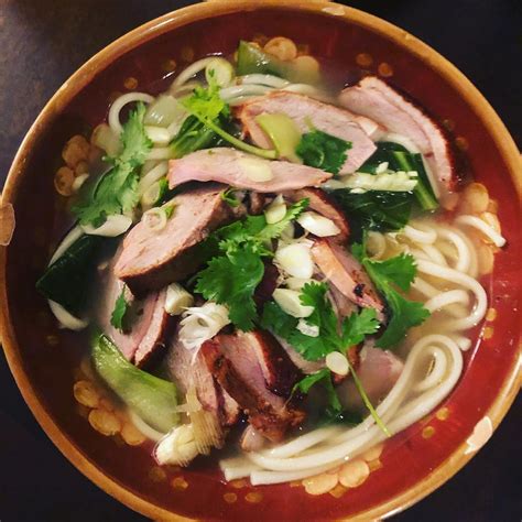 Peking Roasted Duck Udon Noodle Soup With Bok Choy Sprinkled With