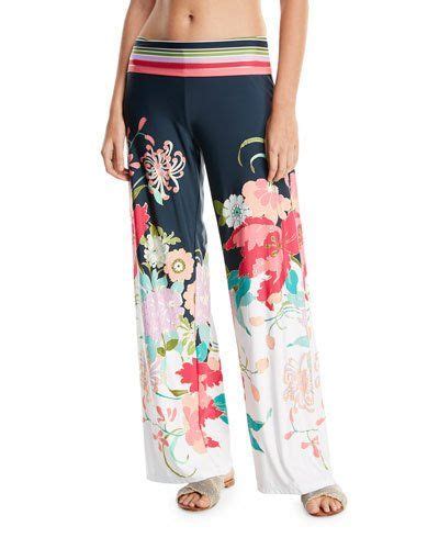 Trina Turk Royal Botanical Roll Top Floral Print Wide Leg Beach Pants