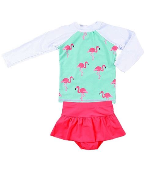 Kids Baby Girls Flamingo Print Rash Guard Two Pieces Swimsuit Skirt Set