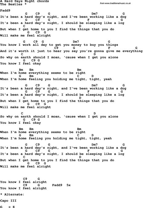 Song Lyrics With Guitar Chords For A Hard Days Night Guitar Chords