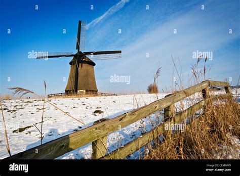 Dutch Winter Landscape With Windmill Schermerhorn Netherlands Stock