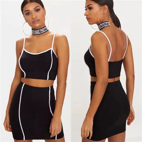 Fashion Casual Women Ladies 2 Piece Bodycon Two Piece Crop Top And Skirt Lace Up Party Clothes