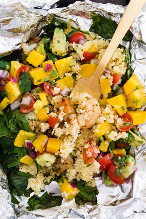 Shrimp Couscous Packets With Avocado Mango Salsa Nutmeg Nanny