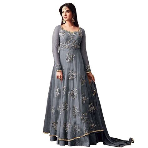 Grey Semi Stitched Embroidered Floor Length Anarkali Suit Wf092 Shoppersbd