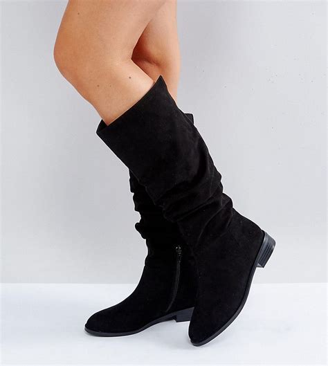 Asos Capital Wide Fit Slouch Knee Boots Black Boots Wedge Boots