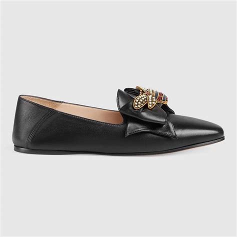 Gucci Women Shoes Leather Ballet Flat With Bow 10mm Heel Black Lulux