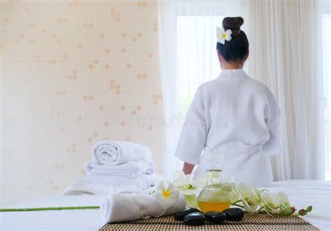 Spa Treatment Set And Aromatic Massage Oil On Bed Massage Thai Setting For Aroma Therapy And