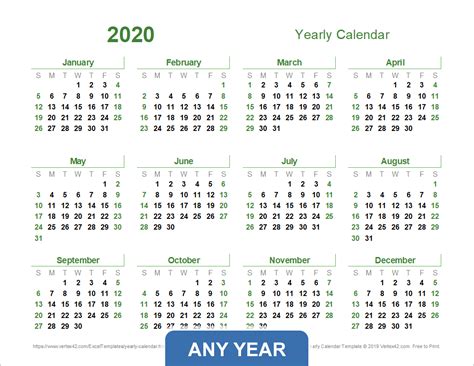 yearly calendar template for 2021 and beyond