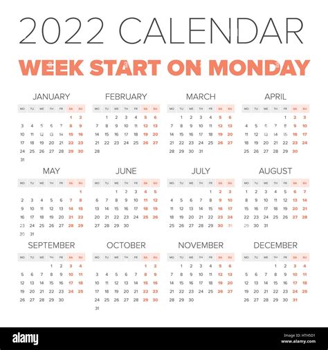 Simple 2022 Year Calendar Week Starts On Monday Stock Vector Image