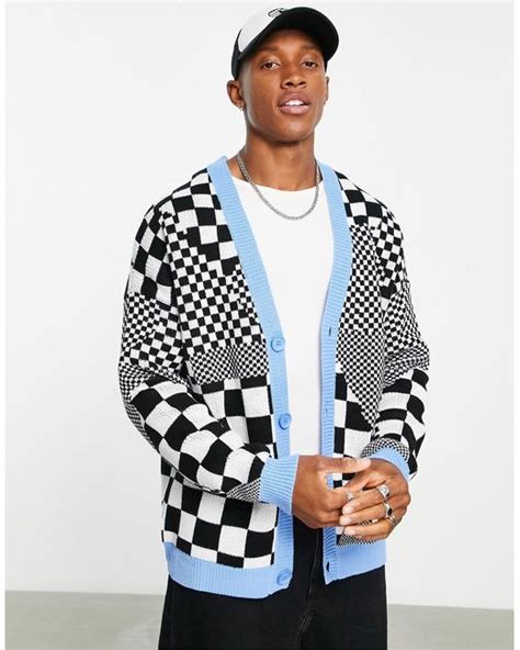 Asos Synthetic Knitted Checkerboard Cardigan In Blue For Men Lyst