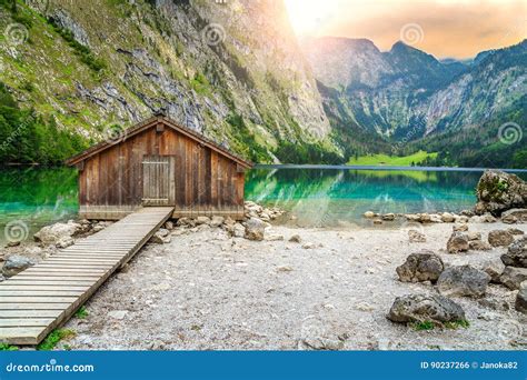 Boat Dock On Obersee Alpine Lake Berchtesgaden Bavaria Germany