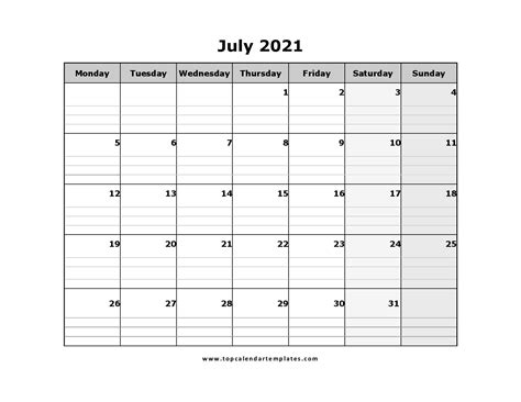 Free July 2021 Printable Calendar Monthly Templates