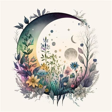 Premium Photo A Drawing Of A Moon With Flowers