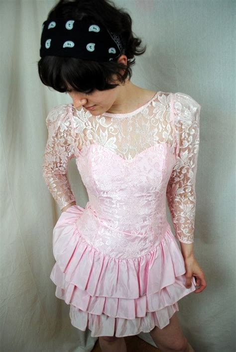 awesome vintage 80s poofy lace pink ruffled prom dress