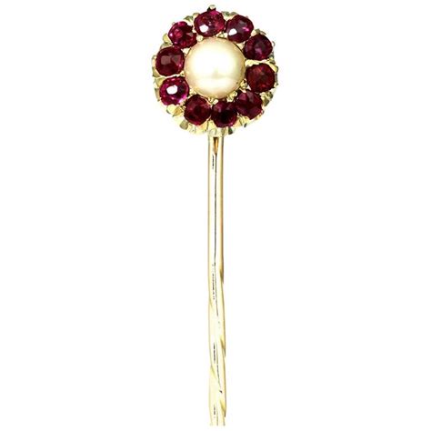 Antique Pearl And Ruby Stick Pintie Pin In 9 Carat Yellow Gold At 1stdibs