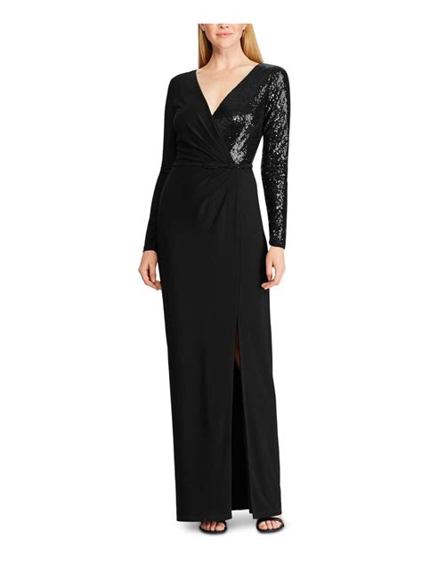 Ralph Lauren Womens Black Sequined Long Sleeve V Neck Maxi Evening Wrap Dress Walmart Com