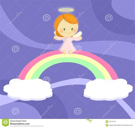 Cute Little Angel Girl Seated On Rainbow Stock