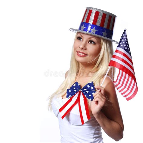 Blonde Girl Waving Small American Flag Isolated On White Stock Photo Image Of Independence