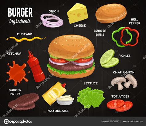 Burger Ingredients Fast Food Sandwich Menu Vector Icons Fastfood