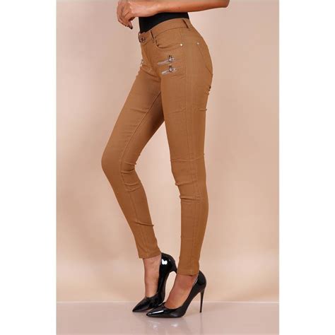 Sexy Damen Skinny Jeans Mit Zippern Camel
