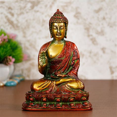 Golden And Red Premium Meditating Blessing Buddha Brass Antique