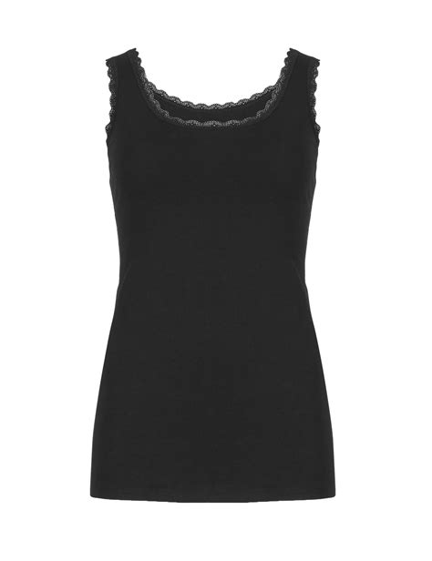 Marks And Spencer M Black Cotton Rich Lace Trim Vest Size To
