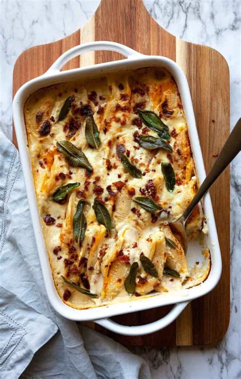 butternut squash stuffed shells with bacon and crispy sage foodtasia
